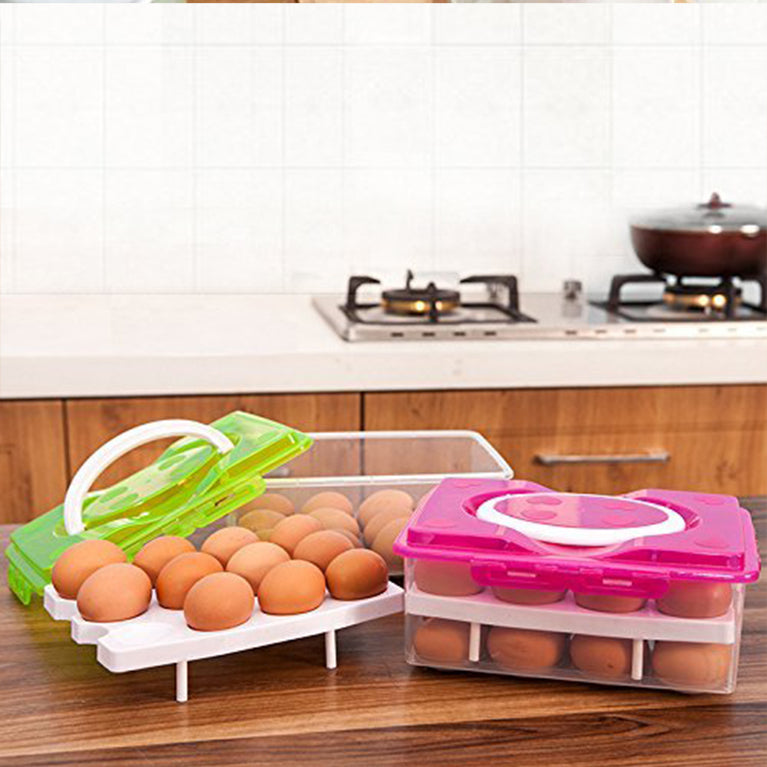 5725 2layer 32 Grid Egg Tray With Lid Egg Carrier Holder For Refrigerator Camping Food Storage Container With Handle (1 Pc )