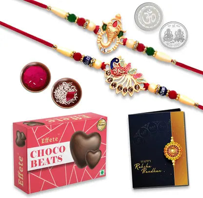 Rakhi Gift Combo With 2 Designer Rakhis For Brother  Ganesh  Peacock Theme With Choco Beats 2 Silver Coins Roli Chawal  Greeting Card