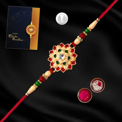 Single Designer Floral Rakhi For Brother  Includes Silver Coin Roli Chawal  Greeting Card