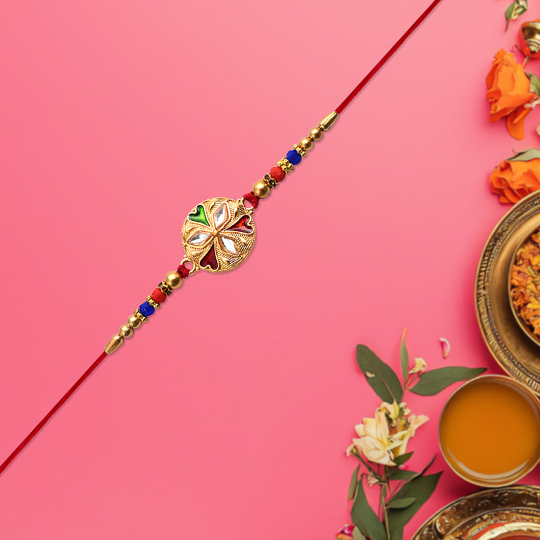 Designer Floral Rakhi With Mirror Work  Colorful Beads On Red Thread