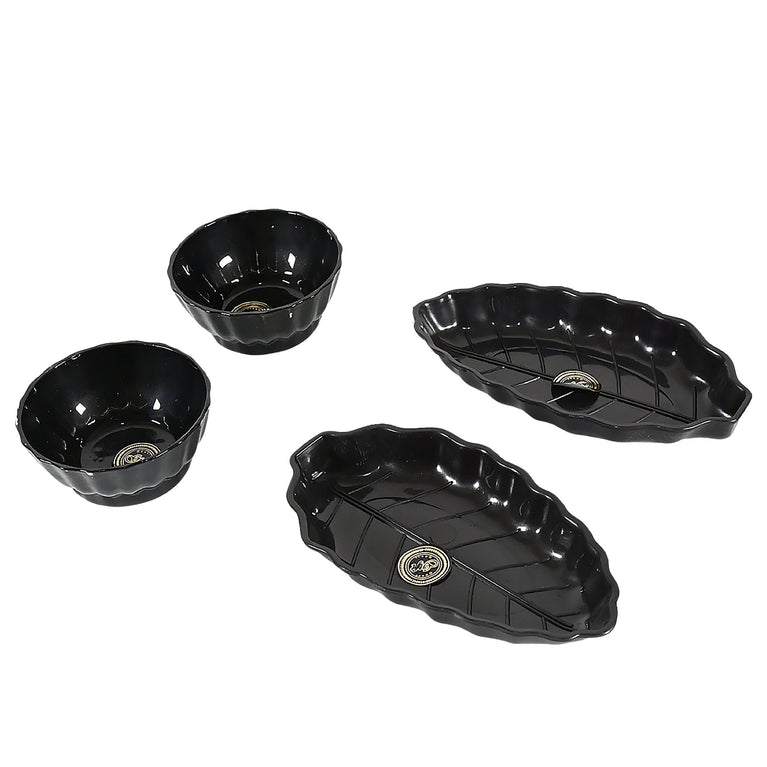 8230 Ertiga Round Ceramic Bowl With Plastic Leaf Shape Serving Platter Portable Lightweight Breakfast Serving Bowl  Highly Durable Material  Ideal For Rice Pasta Desserts Home  Kitchen Serving Bowl  Platter (4 Pcs Set)