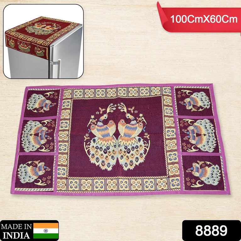 8889 Cotton Fridge Top Cover Set - Standard Appliance Covers Fridge Dustproof Cover With Peacock Deign 6 Utility Side Pockets Fridge Cover For All Types Fridge Refrigerator Use (100x60cm)
