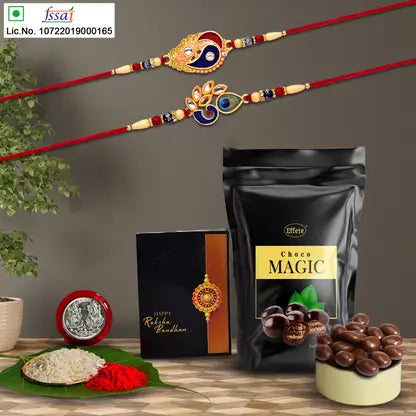 Rakhi Gift Set With 2 Designer Rakhis For Brother  Includes Choco Magic Pack Silver Coin Roli Chawal  Greeting Card