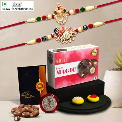 Rakhi Gift Combo With 2 Premium Rakhis For Brother  Includes Choco Magic Box Silver Coin Roli Chawal  Greeting Card