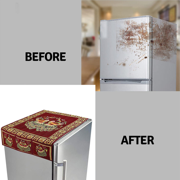 8889 Cotton Fridge Top Cover Set - Standard Appliance Covers Fridge Dustproof Cover With Peacock Deign 6 Utility Side Pockets Fridge Cover For All Types Fridge Refrigerator Use (100x60cm)