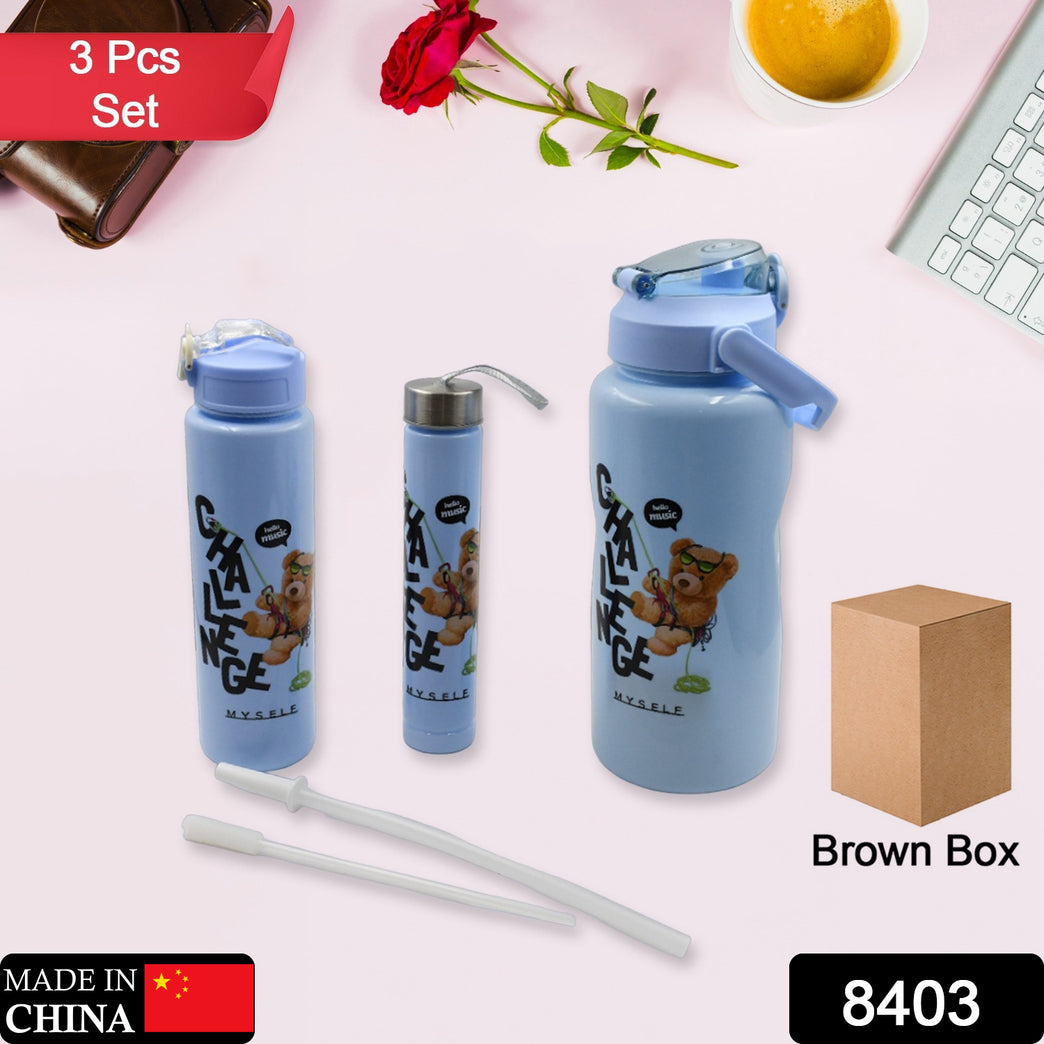 8403 Plastic Water Bottle 3pc Set3  Different Size Bottle High Quality Water Bottle Plastic Water Bottle Bpa-free  Leak-proof  Cartoon Printed Design For Kids School For Fridge Office Sports School Gym Yoga (3 Pc Set)