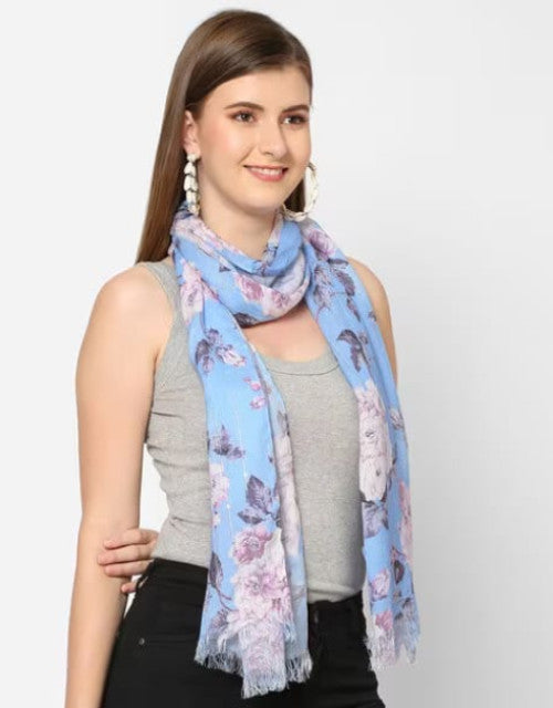 Blue sequins floral printed scarf