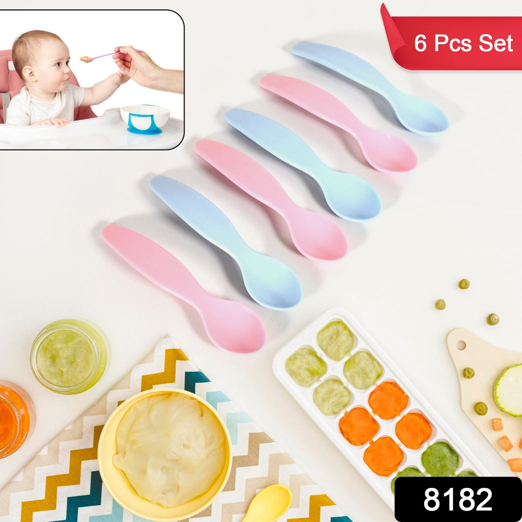 8182 Kids Cute Food Grade Foods Feeding Training Silicone Baby Spoon (Set Of 6 Pcs)