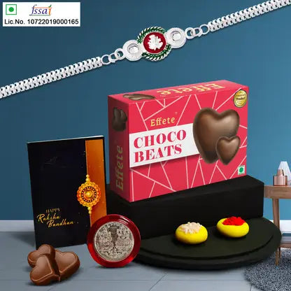 Rakhi Gift Combo With 1 Premium Rakhi For Brother  Includes Choco Beats Box Silver Coin Roli Chawal  Greeting Card