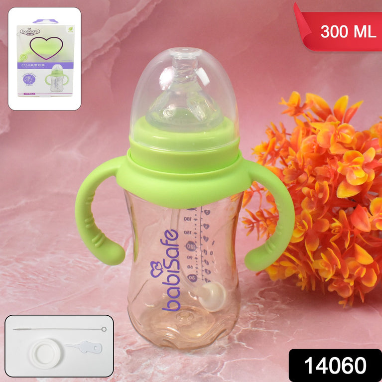 Plastic Baby Feeding Bottle With Handles Cleaning Brush  Straw (300 Ml  1 Pc)