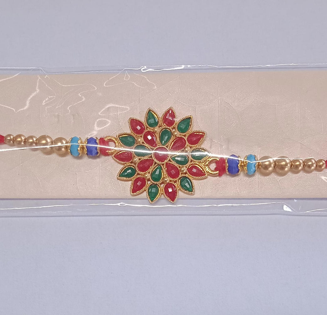 Elegant Floral Rakhi With Red-green Enamel Work And Metal Chain