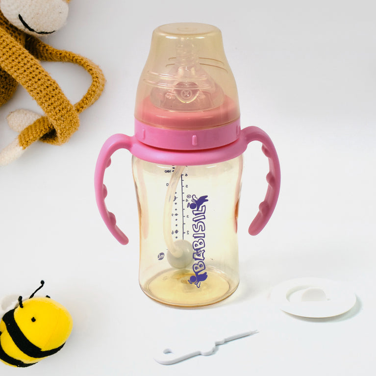 Plastic Baby Feeding Bottle With Handles  Straw (220 Ml  1 Pc)