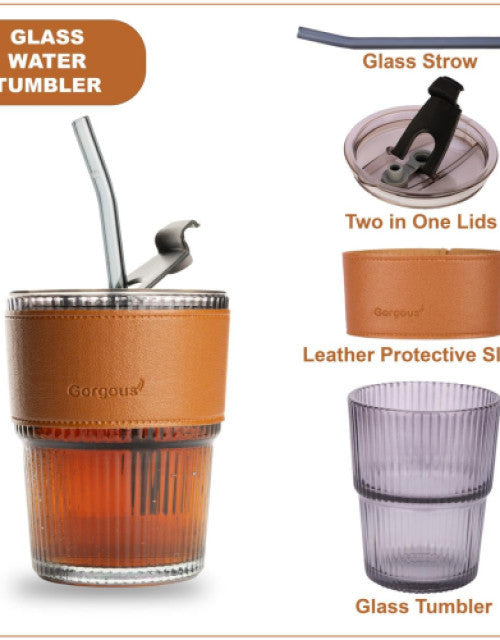 Glass Tumbler with Lid & Glass Straw Pack of 1, 450ml