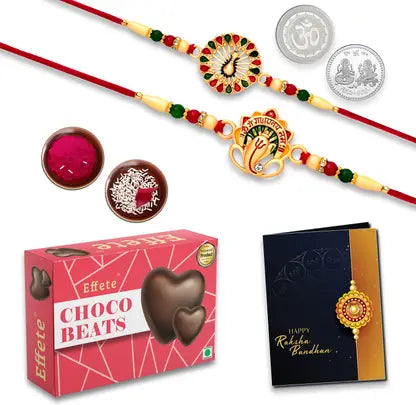 Rakhi Gift Combo With 2 Traditional Rakhis For Brother  Includes Choco Beats Box 2 Silver Coins Roli Chawal  Greeting Card
