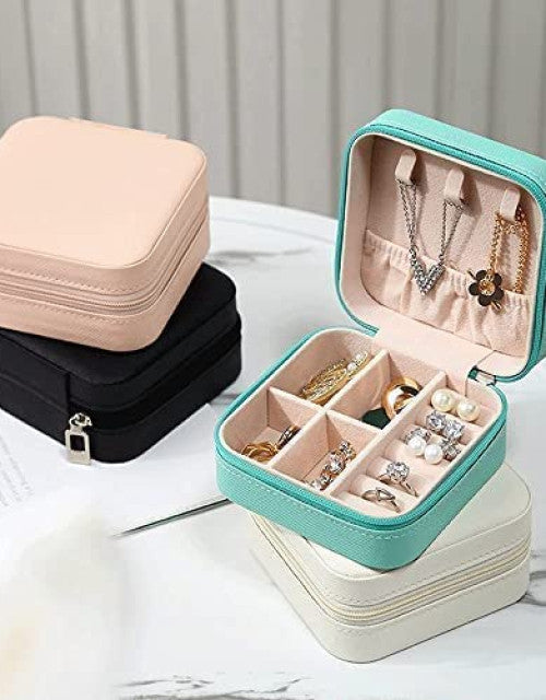 Jewelry Organizer PU Leather Zipper Portable Storage Box Case with Divider Container for Rings