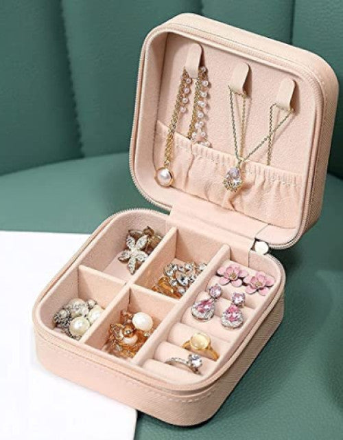 Jewelry Organizer PU Leather Zipper Portable Storage Box Case with Divider Container for Rings