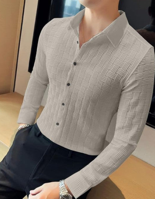 Men Regular Fit Self Design Popcorn Fabric Spread Collar Casual Shirt