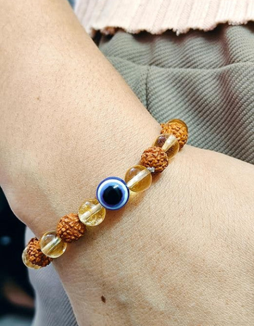 Natural Citrine Crystal Rudraksha And Evil Eye Bracelet