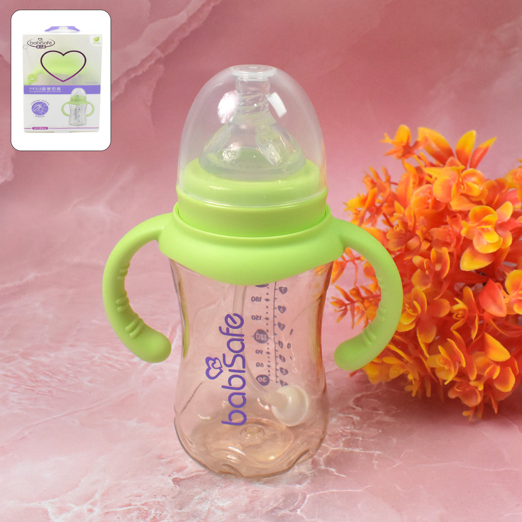 Plastic Baby Feeding Bottle With Handles Cleaning Brush  Straw (300 Ml  1 Pc)