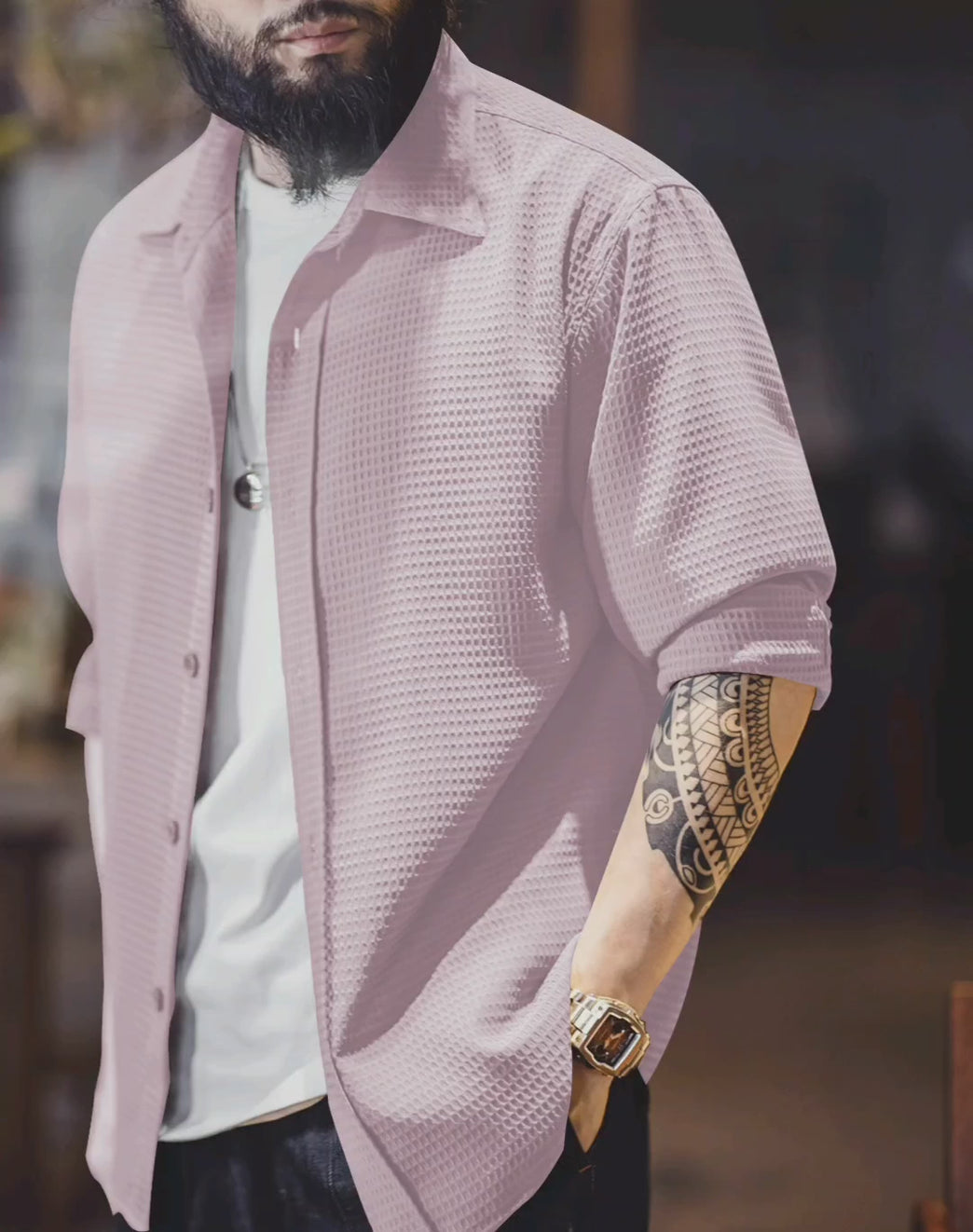 Men Regular Fit Shirt with Spread Collar