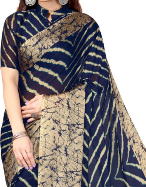 Printed, Striped Leheria Chiffon, Georgette Saree  (Dark Blue)