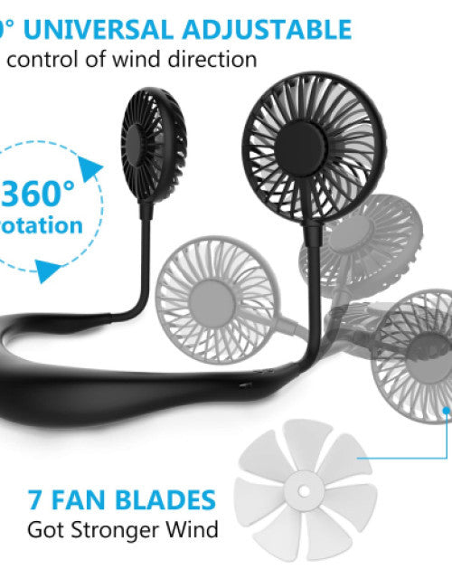 Rechargeable Portable Headphone Design Wearable Neckband Fan,3 Level Air Flow,7 LED Lights