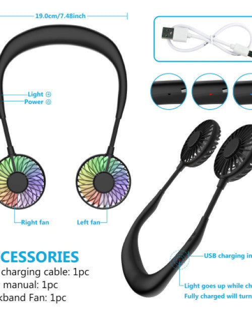 Rechargeable Portable Headphone Design Wearable Neckband Fan,3 Level Air Flow,7 LED Lights