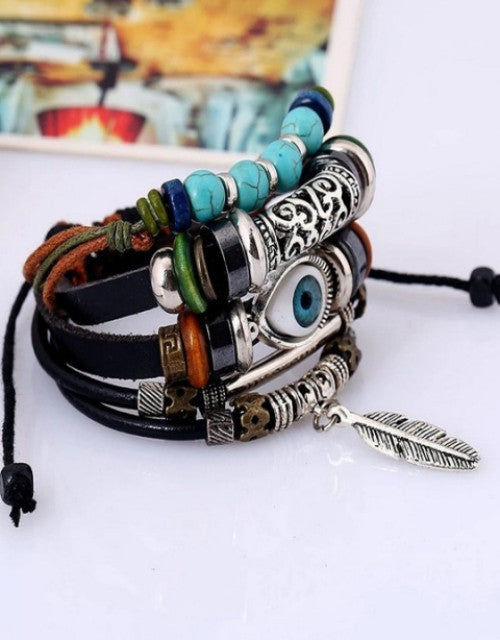 Unisex Blue Evil Eye Leaf Charm Multi Bracelet