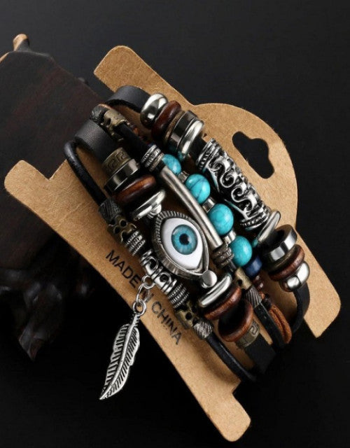 Unisex Blue Evil Eye Leaf Charm Multi Bracelet