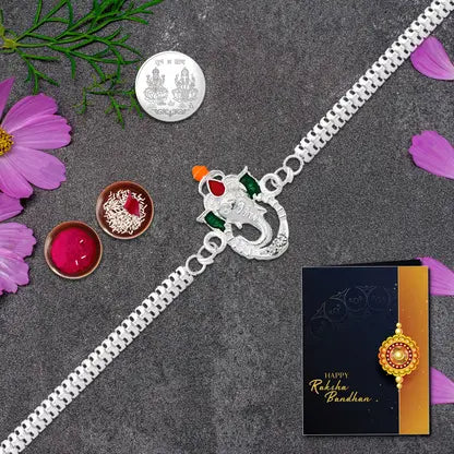 Silver-plated Ganesh Rakhi With Coin Roli-chawal Raksha Bandhan Greeting Card Gift Combo For Brother